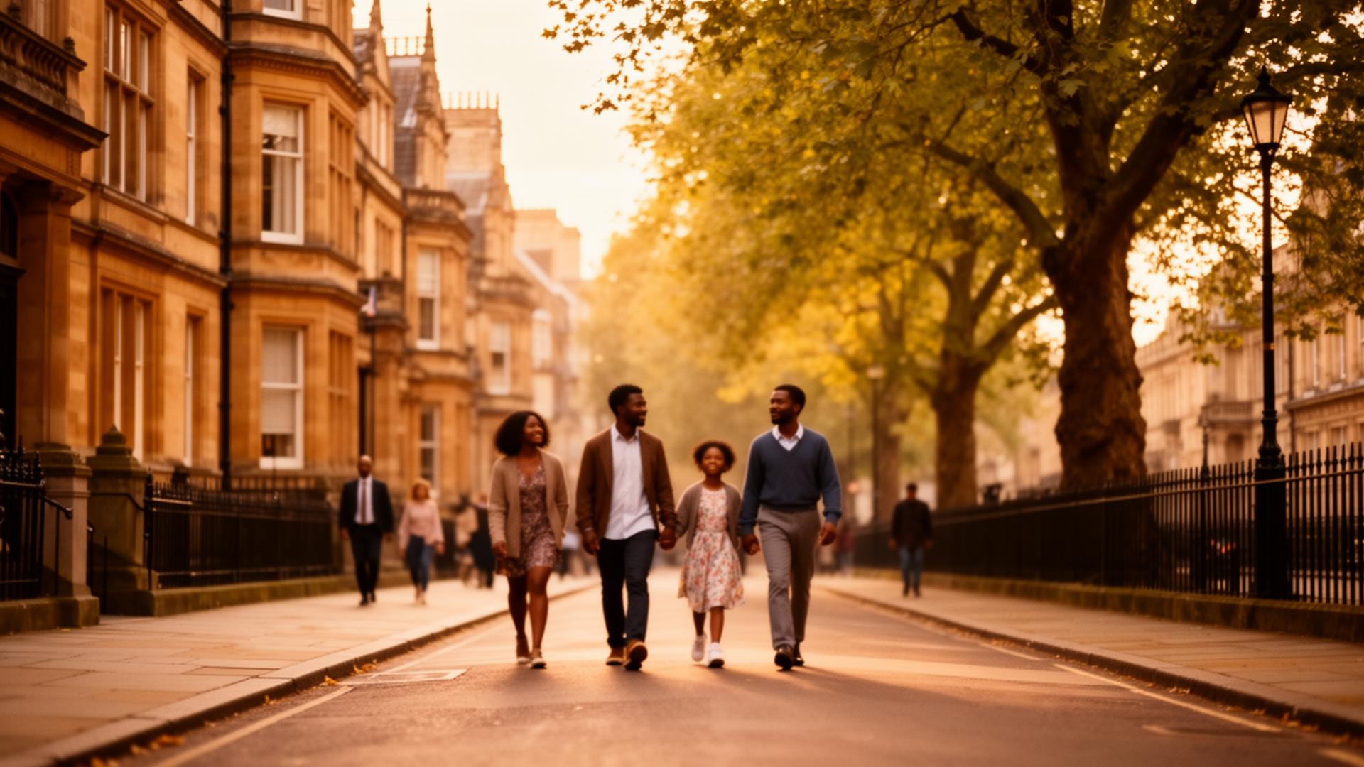 Diverse community walking together on a warm UK street at golden hour